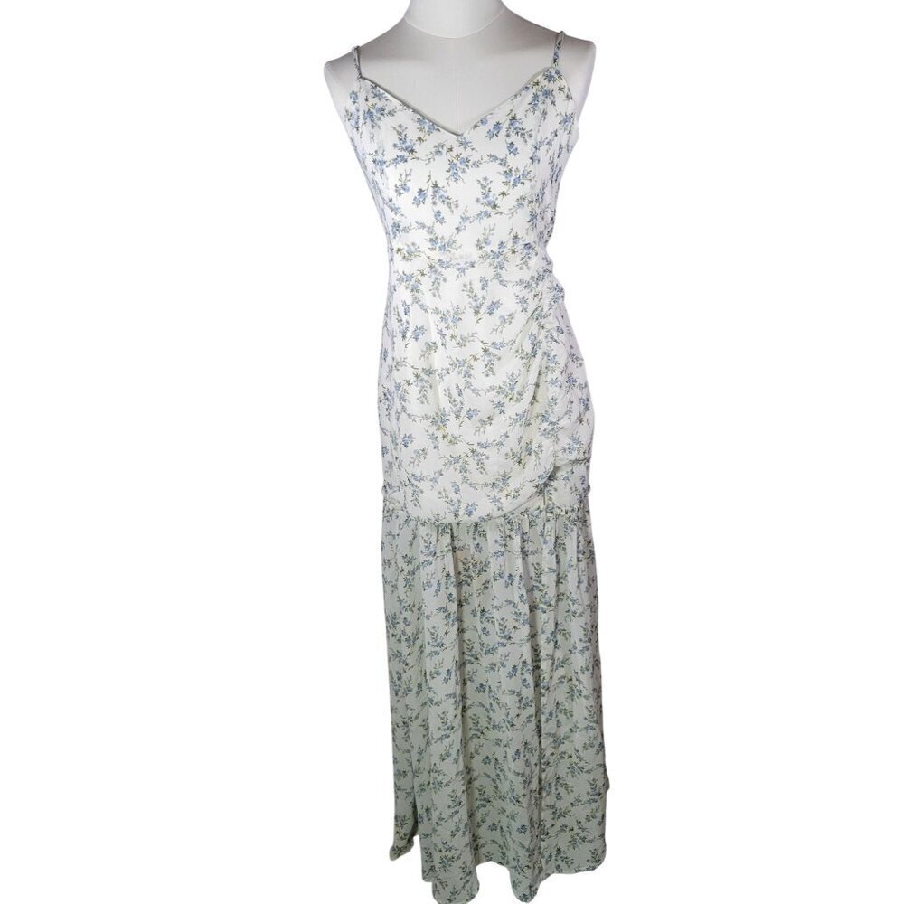 Hello Molly Women Wedding Formal White Floral Ruched Back Tie Maxi Dress Size M